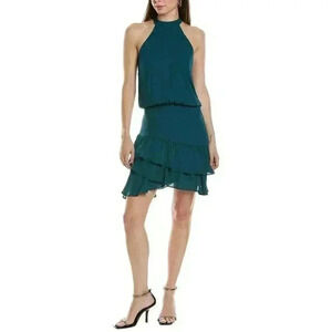 NWT Krisa Halter Asymmetrical Ruffle Mini Dress Teal Green Size Small